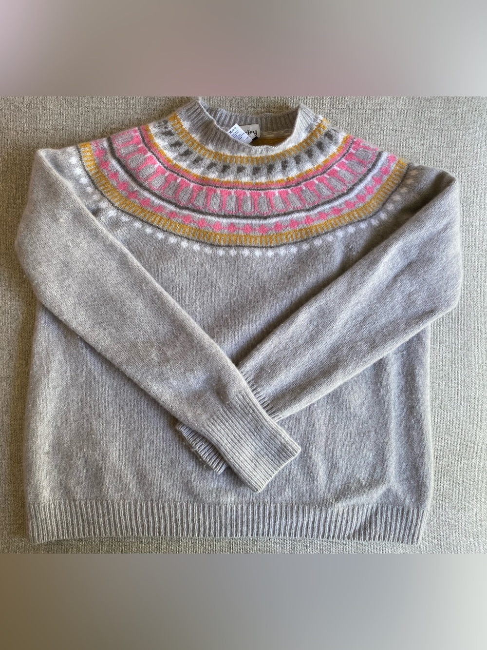 Jcrew x Harley 100% Lambswool Knit Fair Isle Sweater in Light Gray & Pink